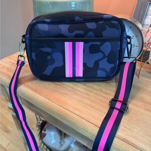 Blue grey + black Camo Crossbody Bag with Pink Stripe Accent
